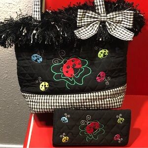 Purse Lady Bugs Black & White Fabric With Wallet Multicolored.12 X 9 10.5” strap
